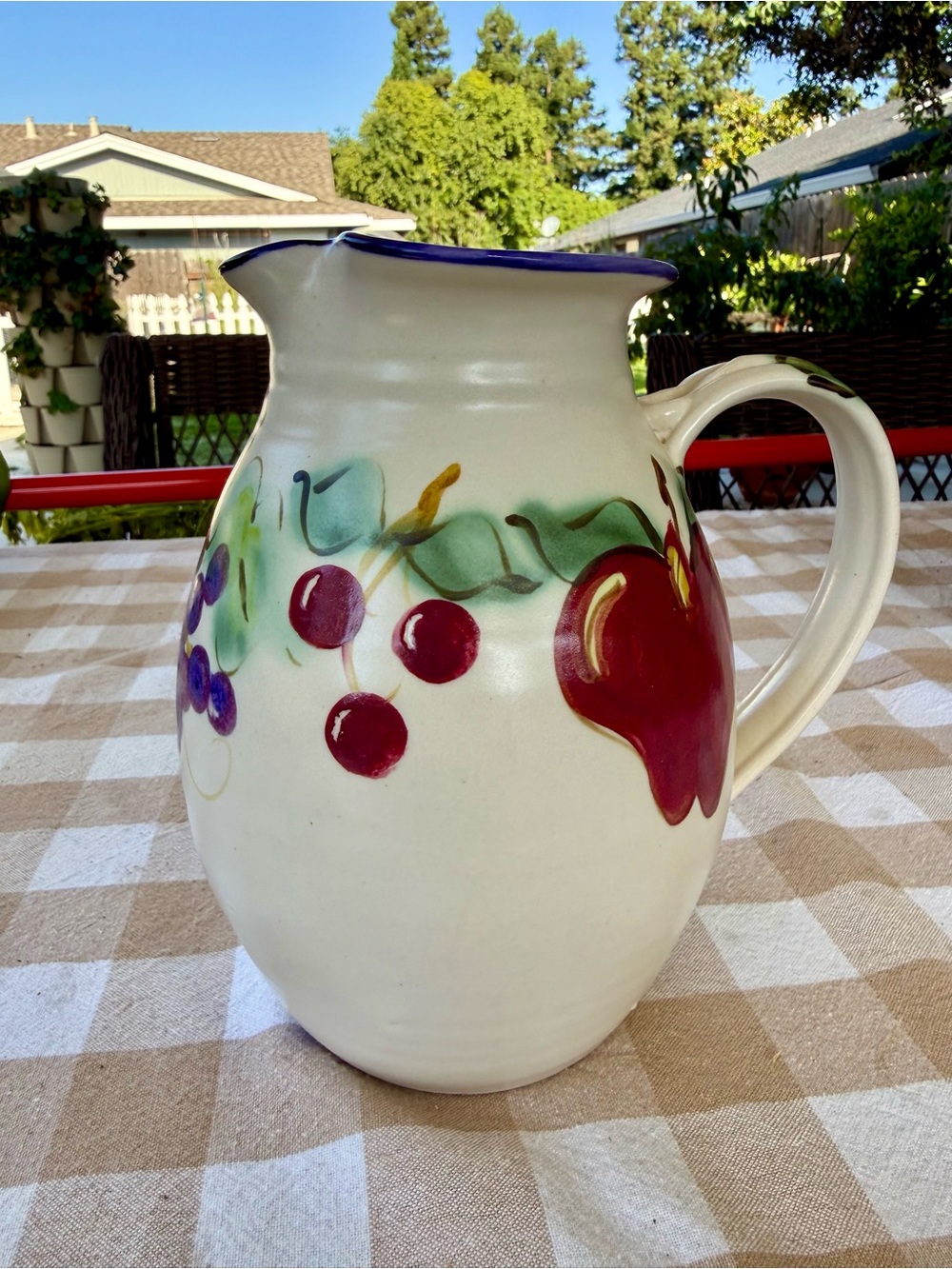 Vintage 1997 Clouds of Folsom Hand-Painted Fruit Pottery Pitcher / Vase - Picture 4 of 10